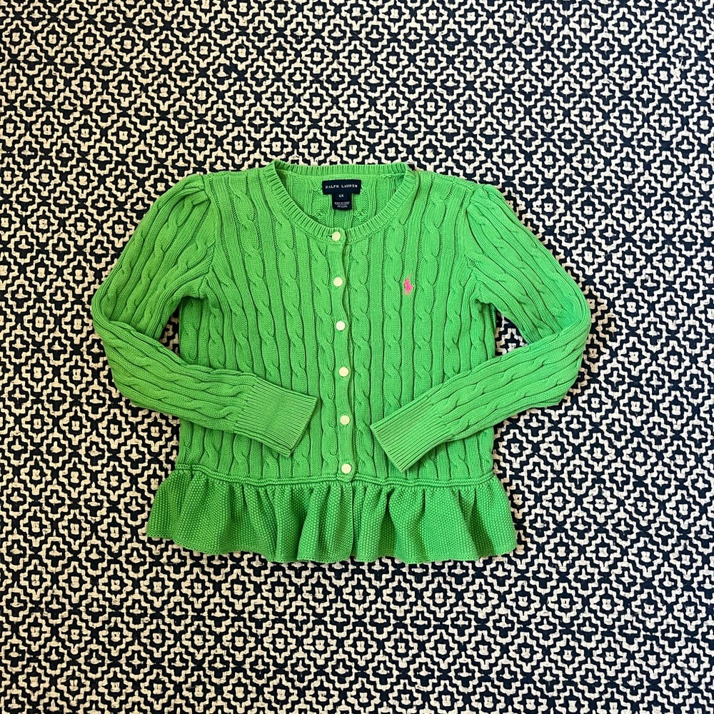 SOLD Polo Ralph Laure Girks Green Cable Peplum sweater cardigan